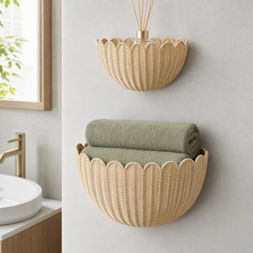 Scalloped Wall Basket Set of 2,Boho Hanging Wicker Wall Baskets - Image 4