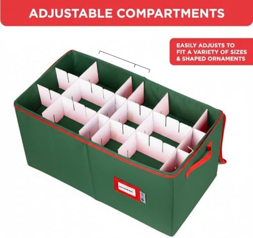 Christmas Ornament Storage Container with Dividers - Box Stores Up to 54 Ornaments, Zippered, Convenient, Adjustable, Large Organizer Bin to Protect Holiday Décor, Fits Most Standard Size, Green - Image 2