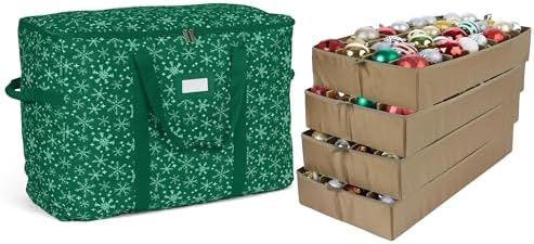 Covermates Keepsakes Adjustable Ornament Storage Bag – Heavy-Duty Polyester, Padded Dividers & FlexGrid Trays – Protective Holiday Ornament Organizer with Handles & Label Window, Green Snowflake by Covermates