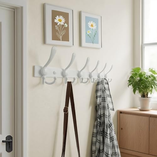 Dseap Coat Rack Wall Mount 24 Inch, Heavy Duty 12-Gauge Base vs Flimsy 1mm, Double-Thick Solid Anti-Snap Hooks, Stainless Steel 6-Hook Hanger for Clothes Hat Closet Entryway, White, Pack of 2 - Image 4