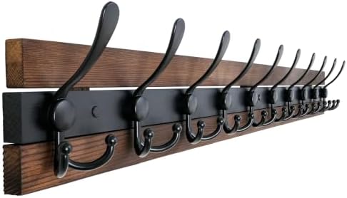 SKOLOO Rustic Wall Mounted Coat Rack - 38.6" Long Coat Hooks for Wall with 10 Triple Hooks for Hanging Coats, Hats or Tools - Kitchen, Mudroom, Entryway, Bathroom, Wood Brown & Black by SKOLOO