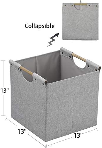 HOONEX Collapsible Storage Bins, 13x13x13in Storage Cubes Linen Fabric, 3 Pack, Storage Baskets with Wooden Carry Handles and Sturdy Heavy Cardboard, for Home, Office, Car, Nursery, Light Grey - Image 3