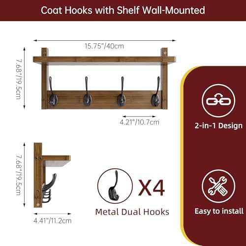 STELLSTAR Coat Rack with Shelf Wall Mount, Entryway Bamboo Hanging Shelf, Set of 2, Wall Hook Rail for Hallway Décor, Storage Clothe, Hat, Robe, Key, Dog Leash (Walnut) - Image 4