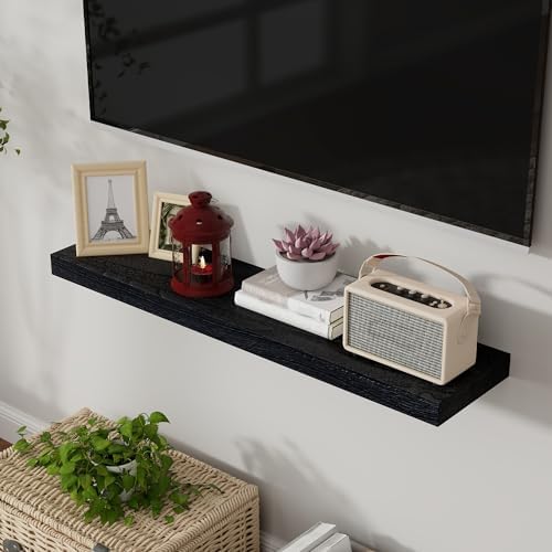 Axeman Floating Shelves, 2 Pack 8 Inch Deep Modern Solid Wood Wall Shelves for Storage, Wall Mounted Display Shelving with Invisible Heavy-Duty Metal Bracket, 24" W x 8" D x 1.6" H, Distressed Black - Image 5