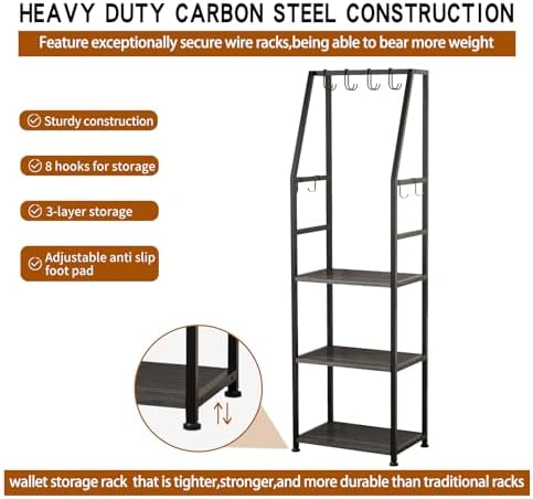 3-Tier Purse Stand Handbag Organizer, Tall Narrow Entryway Closet Bag Organizer, Wood Iron Storage Shelf, 4-in-1, with 8 Removable Hooks(Black) - Image 3