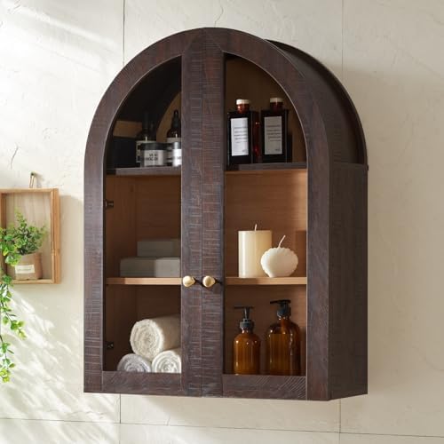 Bathroom Arched Wall Cabinet,23.5'' Wide Medicine Cabinet, Bathroom Cabinet Wall Mount W/Glass Doors & Adjustable Shelves, Over The Toilet Storage Cabinet for Laundry Room, Bedroom,Kitchen, Brown by Unknown