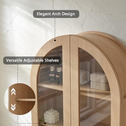 Bathroom Arched Wall Cabinet, 23.5'' Wide Medicine Cabinet, Bathroom Cabinet Wall Mount W/ Glass Doors & Adjustable Shelves, Over The Toilet Storage Cabinet for Laundry Room, Bedroom,Kitchen,Natural - Image 4