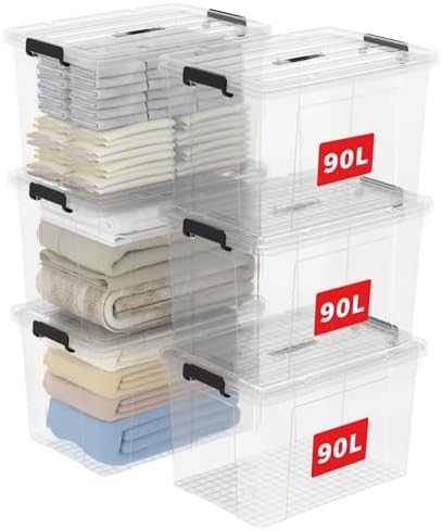 Cetomo Lidded Storage Bin with Handle, Storage Bins with Lid, Organizing Container with Secure Latching Buckles, Stackable and Nestable, Plastic, 95 Quart-6 Pack, Clear by Cetomo