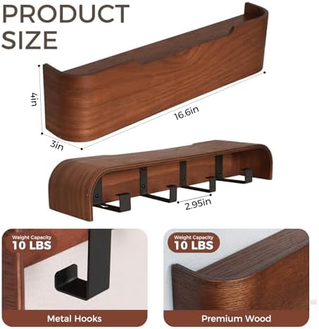 Coat Rack Wall Mount with Shelf Entryway Shelf Modern Key Holder Hanger Wall Shelves with Hidden Hooks for Hanging Towels Coats Hats Bags for Hallway Bathroom Bedroom(Walnut Color, 4 Hooks) - Image 2
