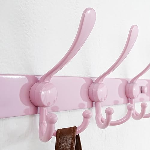 Dseap Coat Rack Wall Mount - 38” Long 10-Tri-Hooks Heavy Duty Coat Hanger Rail Wall Hooks for Hanging Coats Hats Clothing Clothes Purse Mudroom Entryway, Pink, Pack of 2 - Image 2