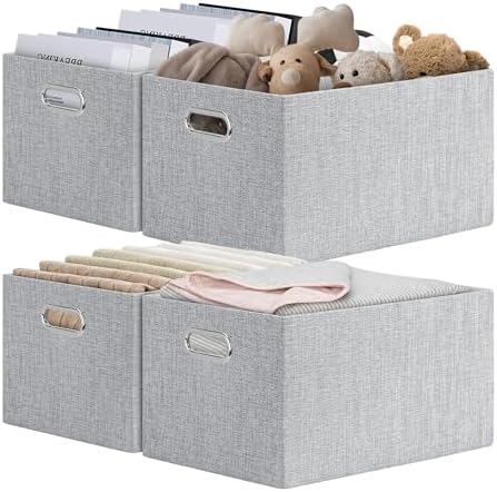 Posprica Closet Organizers and Storage, 4 Pack Large Linen Storage Bins, Decorative Shelf Storage Baskets for Organizing, Foldable Fabric Storage Box for Clothes, 15x10.5x8.25 Inch(Grey) by Posprica