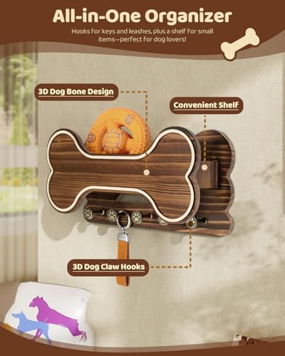 MTERSN Dog Leash Holder for Wall with Key Hooks for Dog Gear Storage, Brown - Image 4