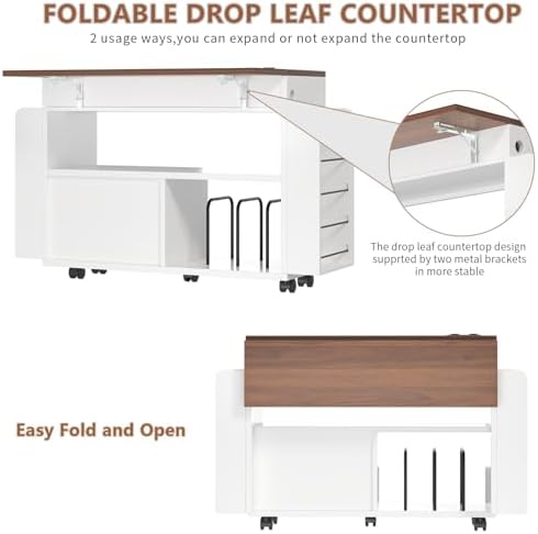 Gift Wrap Storage Cart with Foldable Drop Leaf, Crafting Table with Storage - Image 4