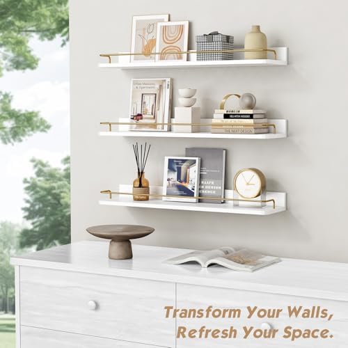 Forbena 24 Inch Bathroom Floating Shelves for Wall Set of 3, Gold Bathroom Shelves Over Toilet Wall Mounted with Rail, Decorative Hanging Shelf for Bedroom Office Living Room Decor (White and Gold) - Image 5
