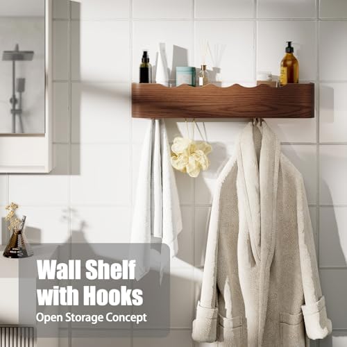 Coat Rack Wall Mount with Shelf 4 Hidden Hooks Modern Wooden Key Holder Entryway Organizer for Hallway Bedroom Bathroom Home Decor Storage for Hanging Coats Hats Bags Towels, Wave-Shape Walnut - Image 6