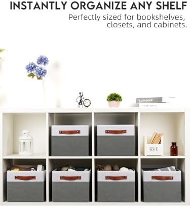 [6-Pack] Fabric Storage Bins (15x11x9.5 ) Reinforced 2.5mm Cardboard Shelf Bins with PU Leather Handles Durable Storage Baskets for Closet Organization, Toy Organizer, & Home Office White&Grey - Image 4
