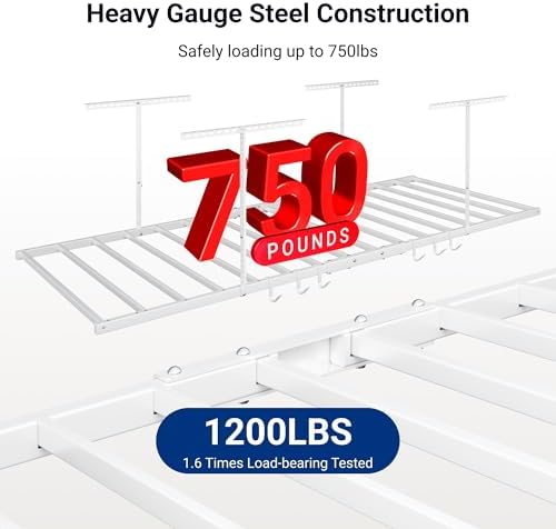 FLEXIMOUNTS 4x8 Overhead Garage Storage Rack with 6 Hooks, 2 Pack, White - Image 2