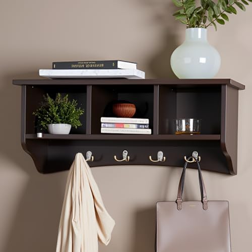 Shaker Cottage Wall-Mounted Coat Rack with 3 Storage Cubbies and Hooks – Hanging Wall Organizer for Entryway, Mudroom, or Hallway, Space-Saving Wall Shelf, 36" W x 9" D x 14" H (Chocolate Finish) - Image 6