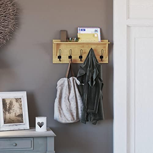 Merrick Lane Enid Hanging Storage Rack - Rustic Brown Pine Wood - 24 Inch Wide - 5 Hanging Hooks - Wall Mounting Hardware Included by MerrickLane