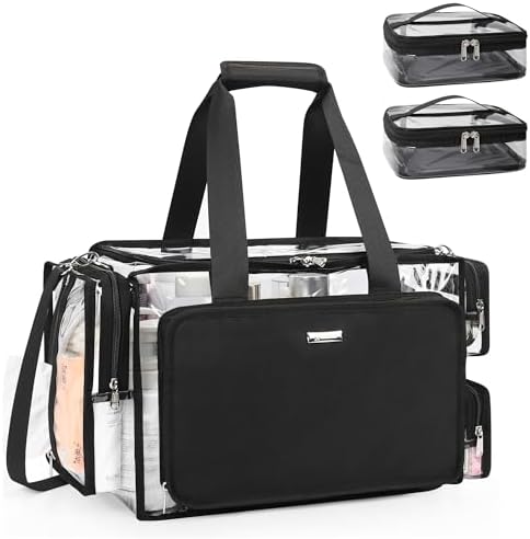 Relavel Clear Makeup Bag with 2 Clear Pouches, Extra Large Makeup Artist Kit Set, Cosmetic Storage Organizer Hair Stylist Traveling Bag, Transparent Tote Duffle Beach Toiletry Bag with Shoulder Strap by Relavel