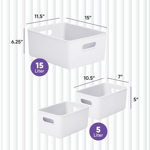 Superio Ribbed Collection - Decorative Plastic Basket Open Home Storage Bins Organizer, White (Set of 3) 1 Large, 2 Medium - Container Boxes for Organizing Closet Storage Bins for Shelves - Image 2