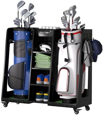 SuniBoxi Wooden Golf Bag Organizer with Wheels, 2-Bags Storage, Dark Black by SUNIBOXI