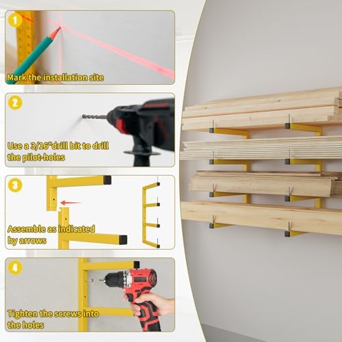 4-Pack Lumber Storage Rack, Wood Storage Racks Wall Mount, Heavy Duty Garage Wood Organizer with 8-Level System, Yellow Utility Rack Organization Up 1600 Lbs, Metal Lumber Shelf for Indoor & Outdoor - Image 7