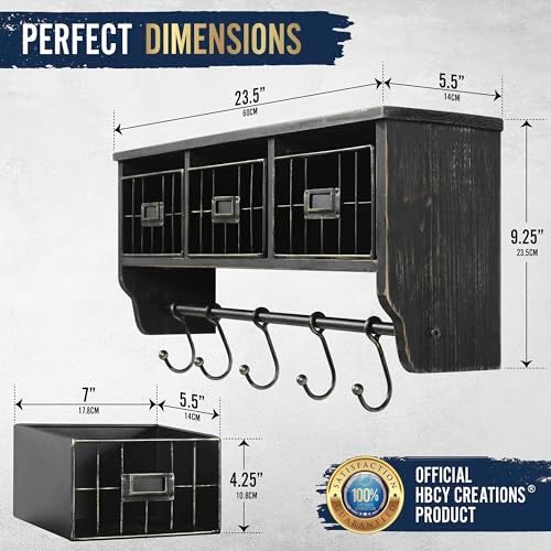 BizChair Wall Mounted Storage Rack - Blackwashed Solid Pine Wood - 24 Inch - Upper Shelf - 5 Hooks - Wire Baskets - For Entryway, Kitchen, Bathroom - Image 3