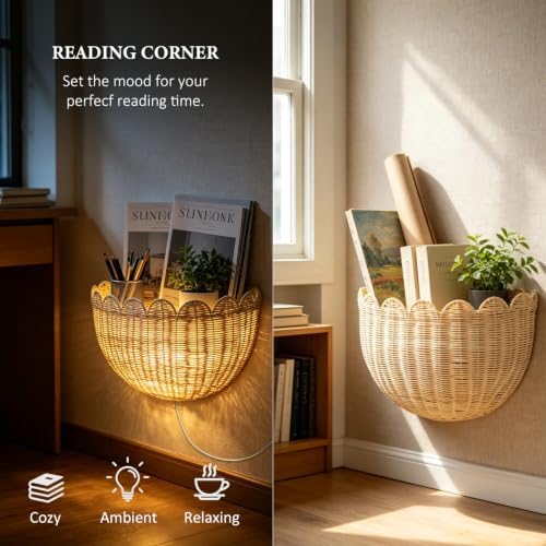 Handwoven Rattan Wall Basket with LED String Light, 1Pack - Image 5