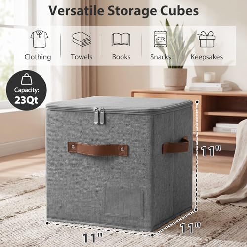 ANMINY 11 Inch Fabric Storage Cubes Bins with Zipper Lid, Gray, 4PCS - Image 6