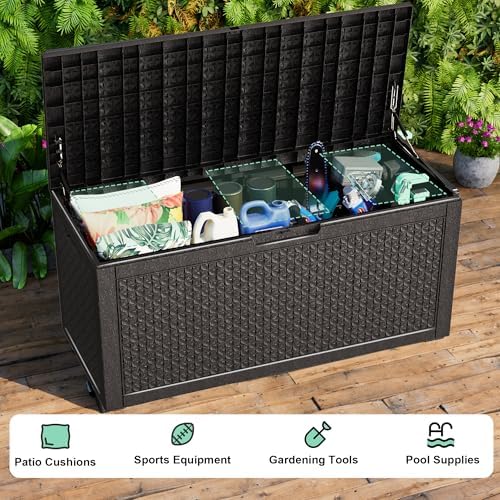 Outdoor Waterproof Resin Storage Deck Box Lockable Outside Bench UV Resistant Bin Patio Porch Furniture Pool Float Garden Tool Cushion (Black, 110 Gallon) - Image 6