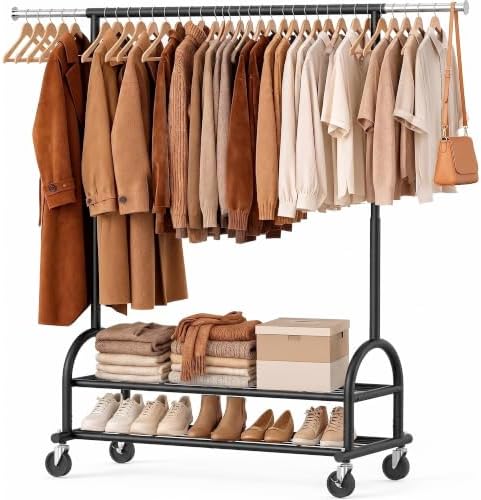 Heavy Duty Metal Clothes Rack Load 586 LBS, Height‑Adjustable Rolling Garment Rack for Hanging Clothes, Sturdy Wheel Clothing Rack with 2 Shelves, Portable Closet Wardrobe Organizer Rack,Black by Unknown