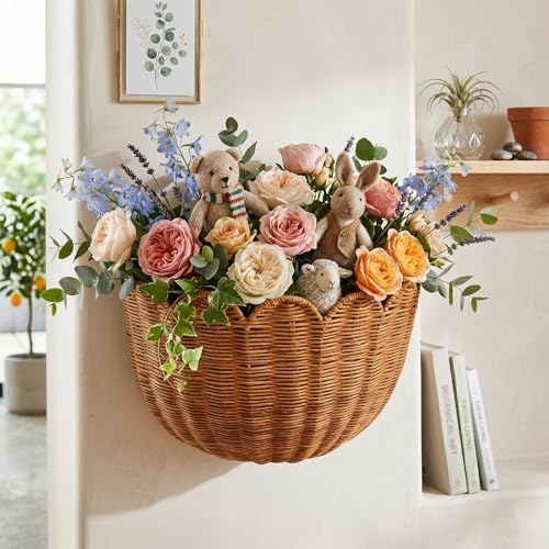 Scalloped Wall Basket, Wicker Wall Baskets, Hanging Wicker Basket, Handwoven Wall Mounted Storage Basket - 15.7 × 10.6 × 8.3 Inch, for Bathroom Bedroom Kitchen Entryway Decor - Image 3