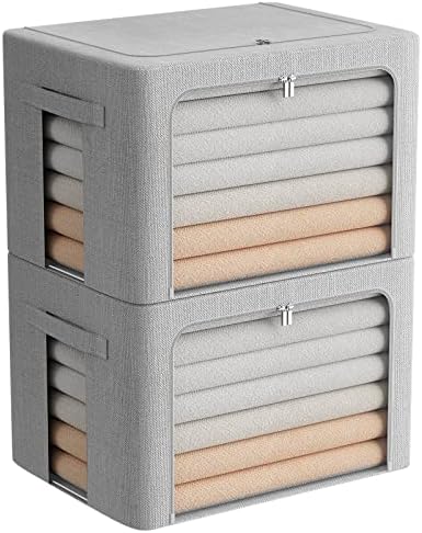 FHSQX 2 Pack Clear Window Storage Bins - Large Stackable Linen Fabric Storage for Clothes Foldable Container Organizer Set with Carrying Handles (Light Gray, 23.6x 16.5x 15.7 Inch) by FHSQX