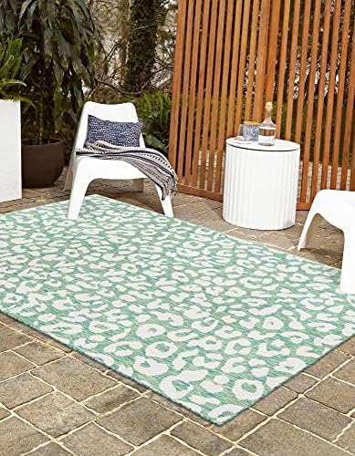 Unique Loom Outdoor Safari Collection Area Rug - Leopard (9' x 12' 2" Rectangle, Green Blue/ Ivory) - Image 4