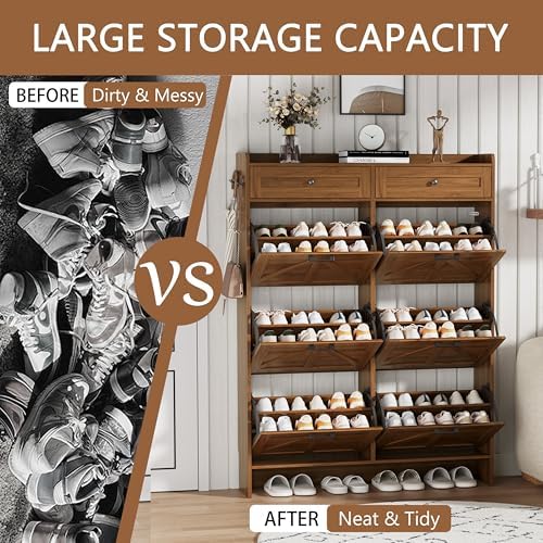 Shoe Cabinet with 6 Flip Drawers & 2 Top Drawers, 57" Tall Freestanding Narrow Wooden Shoe Storage Organizer for Entryway, Hidden Slim Shoe Rack for Front Door Entrance, Hallway, Living Room, Walnut - Image 6