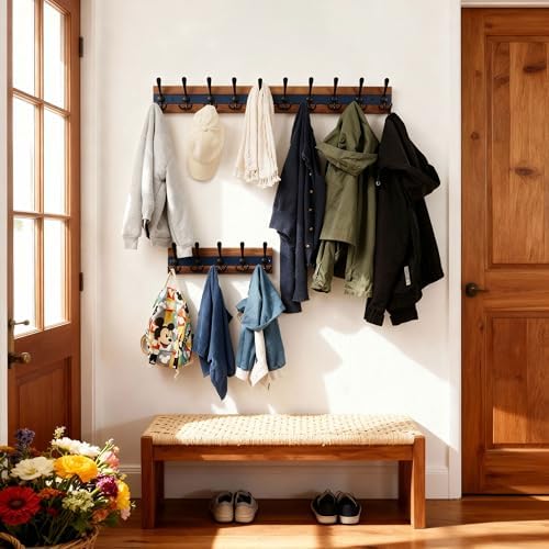 SKOLOO Rustic Wall Mounted Coat Rack - 38-1/8" Long Coat Hooks for Wall with 10 Triple Hooks for Hanging Coats, Hats or Tools, Western National Parks Collection, Wood Brown & Blue - Image 3