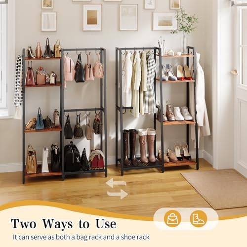 HavenlyYouth Purse Storage Organizer for Closet, 4-Tier Iron Wood Purse Rack, 8 Purse Hooks & 2 Side Hooks for Bag Organizer, Large Capacity Handbag Storage Rack for Home, Living Room - Image 5
