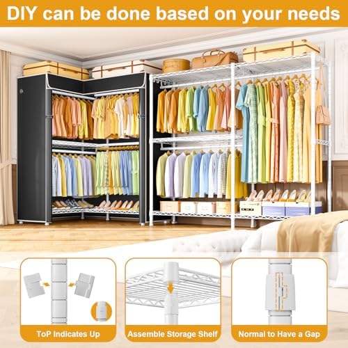 ULIFHOME E15C Garment Rack L Shaped Clothes Rack for Corner，Freestanding Clothing Racks for Hanging Clothes，Heavy Duty Closet Organizer 43.4"W x 15.8"D x 78.4"H，White Rack with Black Dustproof Cover - Image 6