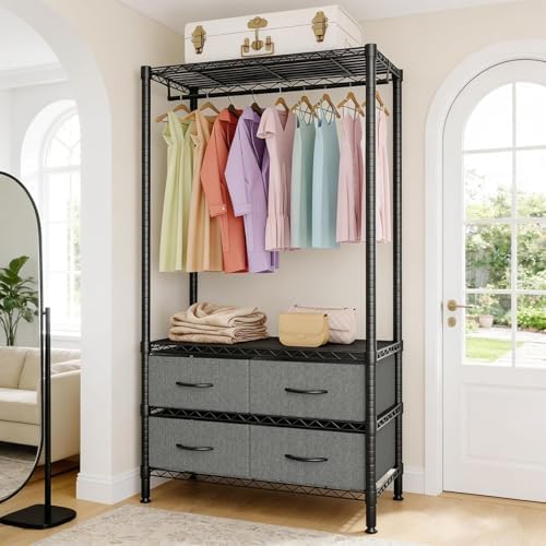 Metal Clothing Rack Adjustable Wardrobe Rack with Drawers 683LBS Black - Image 2