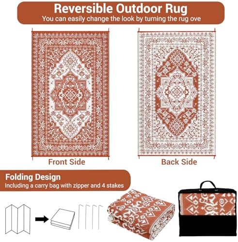 COZYLOOM Outdoor Rug Waterproof 8x10 Reversible Outdoor Plastic Straw Rug Oriental Medallion Patio Rugs Indoor Outdoor Carpet RV Mat for Deck Backyard Patio RV Camping Beach,Vintage Terracotta - Image 3