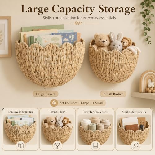 Scalloped Hanging Wicker Baskets for Wall, Scalloped Home Decor, Hanging Woven Rattan Basket for Flowers Front Door Bathroom Storage (Water Hyacinth-Set of 2) - Image 6
