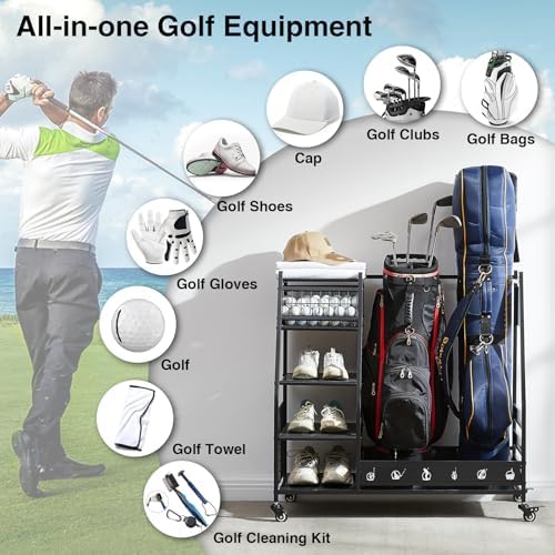 Lauren&Harold Golf Bag Organizer Garage Storage, Golf Storage Rack Stand Fits 2 Golf Bags, Golf Clubs and Other Golfing Equipment Accessories, Golf Organizer for Garage, Club, Shed, Basement - Image 5