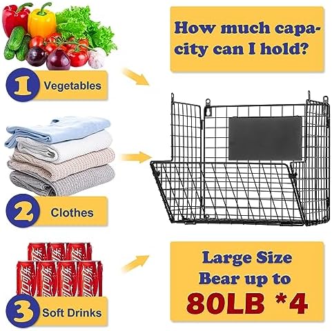 X-cosrack Metal Wire Basket Wall Mount, 4 Tier Extra Large Wall Storage Basket Organizer with Chalkboards, Kitchen Fruits and Vegetables Produce Bin Rack Toys Organizer Bathroom Tower Baskets (Black) - Image 2
