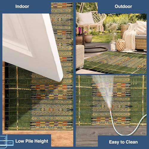 Liora Manne Marina Low Profile Durable Indoor/Outdoor Woven Rug- Tribal Stripe Green 1'11" x 7'6" - Image 4