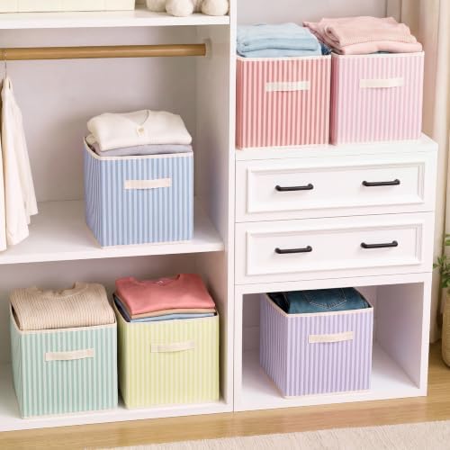Amyhill 6 Pack Mixed Colors Striped Basics Collapsible Fabric Storage Bins - Image 6
