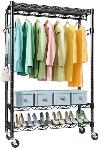 M MZG Heavy Duty Rolling Garment Rack 3 Tiers Adjustable Wire Shelving Clothes Rack with Rods and Side Hooks,Storage Closet Clothing Rack with Wheels Black 17.7" D x 47.2" W x 83.6" H by MEIGAOPLASTICANDMETALHKCOLIMITED