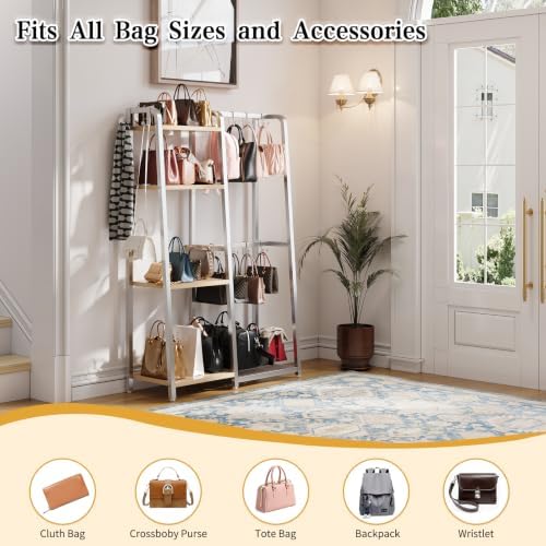 HavenlyYouth Purse Storage Organizer for Closet, 4-Tier Iron Wood Purse Rack, 8 Purse Hooks & 2 Side Hooks for Bag Organizer, Large Capacity Handbag Storage Rack for Home, Living Room, Silver - Image 4