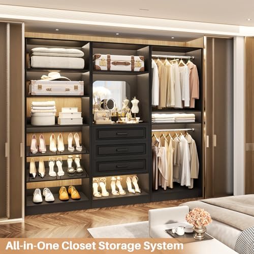 Unikito 75" Modular Closet System with 3 Sets, Mirror & Drawers, Black - Image 2