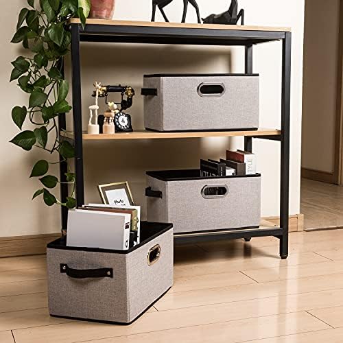 PRANDOM Large Fodable Storage Bins for Closet [5-pack] Decorative Linen Fabric Storage Bins Cubes with Leather/Metal Handles for Shelves Bedroom Living Room Light Grey (14.9x9.8x8.3 Inch) - Image 3